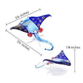 WitnyStore Tiny 3½" Glitter Blue Red Dotted Stingray Figurine - Miniature Hand Blown Painted Glass Sea Rays Fish Marine Animals Colorful Crystal Decorative Figures Collectible Figurines Décor Gifts