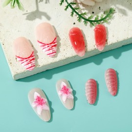 24Pcs Cute Flower Press on Nails Almond Medium Fake Nails French Tip False Nails with 3D Flower Ripple Design Handmade Acrylic Nails Press ons Artificial Glue on Nail for Women Manicure Decor