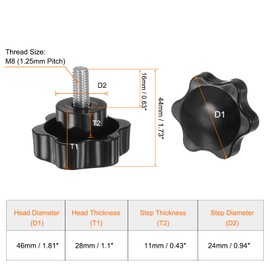 sourcing map 4pcs Star Knobs M8 x 16mm 304 Stainless Steel Threaded Stud 46mm Plastic 6-Star Head Hand Tightening Thumb Screw Clamping Jig Knob Handle, Black