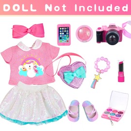 American 18 Inch Doll Clothes and Makeup Accessories Set - Includes Top and Skirt, Bag,Camera,Cell Phone,Eye Shadow,Blush,Bracelet,Lipstick,Bow Hair Clips (NO Doll)