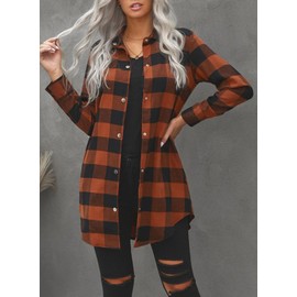 EVALESS Womens Fall Clothes Fashion 2024 Plus Size Color Block Plaid Shacket Jacket Outfits Long Sleeve Button Down Flannel Shirts Jackets Coats With Pockets Brown XX-Large