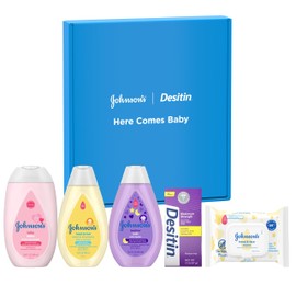 Johnson's Baby Here Comes Baby Gift Set, Baby Essentials for New Parents with Moisturizing Lotion, Bedtime Bath, Body Wash & Shampoo, Hand & Face Wipes, & Diaper Rash Cream, 5 Items