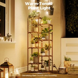 Bamworld Plant Stand with Grow Light Tall Plant Shelf for Mutiple Pots Large Wood Plant Holder Rack for Patio Living Room Balcony Warm Light