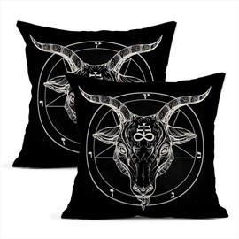 Xincow Set of 2 Cushion Covers Pentagram Demon Baphomet Satanic Goat Head Binary Symbol Tattoo Retro Music Home Durable Decorative Linen Pillowcases Square Throw Pillow Cases for Sofa 18x18 Inches