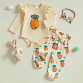 Loalirando Toddler Baby Girls Easter Outfits Long Sleeve Round Neck Carrot Embroidery Romper Jumpsuit Tops Elastic Waist Pants Headband 3Pcs Set (Yellow, 12-18 Months)