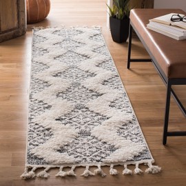 Safavieh Moroccan Tassel Shag Collection MTS652F Boho 2-inch Thick Runner, 2'3" x 6' , Ivory / Grey