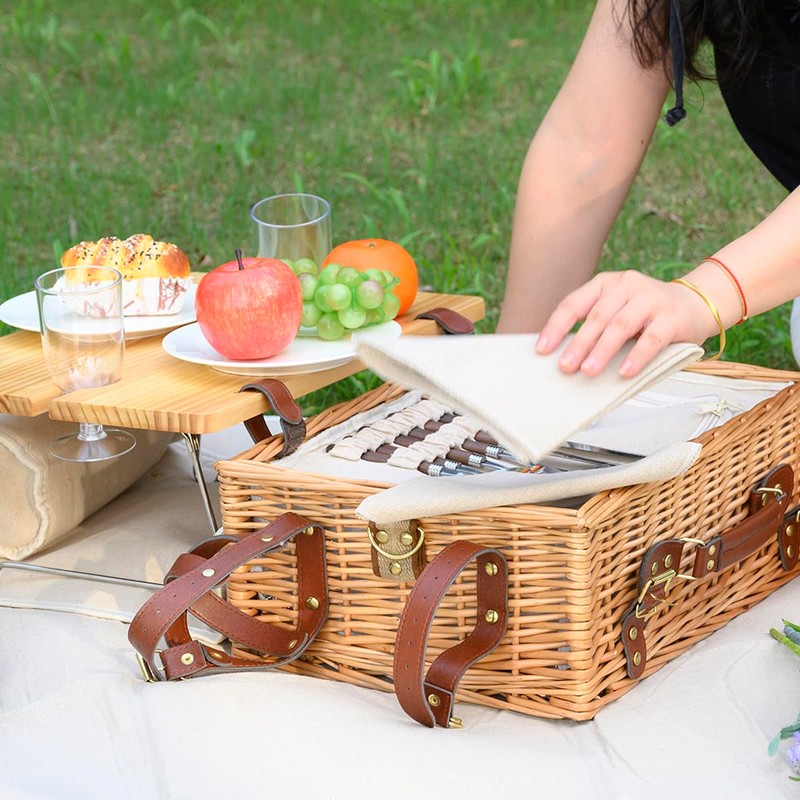 Multifunctional Wicker Picnic Basket Set for 4 with Blanket and