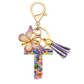 TTYY Initial Letter Keychain for Women Gift for Young Teenage Girl Gifts for Christmas to Mom Daughter Purple tassel (purple snow LetterT)