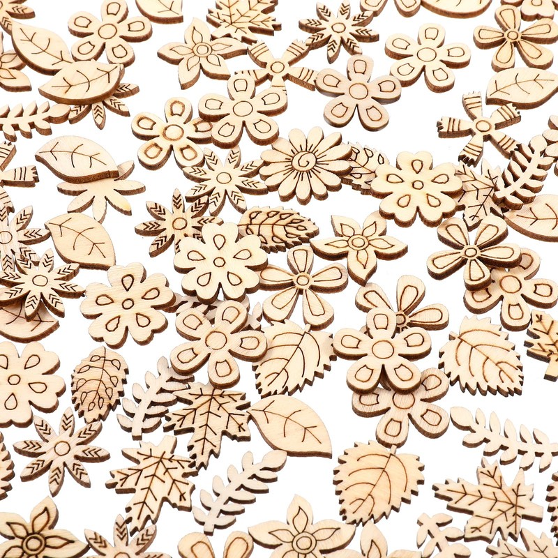 100 Pcs Unfinished Wood Flowers Wood Slice, Flower Leaf Embellishments