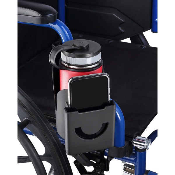 ISSYAUTO Wheelchair Drink Cup Holder, 2 in 1 Large Water Bottle Holder and Phone Bracket with Strap Mount 3MM Thick Cups Holder Universal for Wheelchair, Walker, Rollator, Stroller