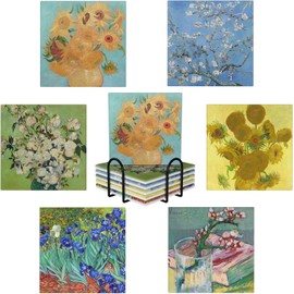 Absorbent Ceramic Coasters for Drinks with Cork Base Art Coasters Set of 6 - Use 6 Famous Paintings, Unique Housewarming Gifts for Home Decorative (Square - Van Gogh - 2)