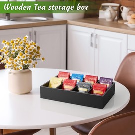 DRASTAR Tea Bag Organizer, Tea Box Organizer Storage Box, Wooden Tea Bag Holder, Tea Chest with 8 Compartments, Tea Caddy for Tea Bags Organizer, Black