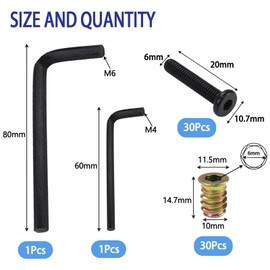 Nihfien 30 Sets M6 x 20mm Furniture Screw Threaded Wood Inserts, M6 x 15mm Inserts Nut Bolt Fastener Connector with Hex Wrench for Furniture Wooden Crafts