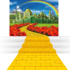 2 Pcs Yellow Brick Road Runner and Emerald Castle Backdrop Removable Yellow Brick Road Floor Runner Leading into Floral Land Rainbow Home Flower Decor Photography for Christmas Room Party Dorm Cosplay