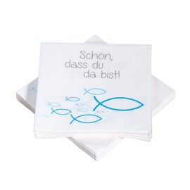 20 Serviettes Fish Ichthys 'Schön, dass du da bist!' 33 x 33 cm, blue turquoise, for communion, christening or other festive occasions.