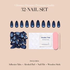 Press On Nails 32 Navy – Medium Almond I Thick Gel Coating Reusable Press on Nails - Evening Glow I Glitter Tip for Adult I Nails with Adhesive Tabs, Clean Pad, Nail File & Wood Stick