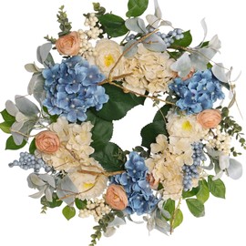 Quixem 22 Inch Hydrangea Wreath for Front Door Decor, UV Resistant Spring Floral Wreath with Blue and Peach Flowers, Waterproof Summer Wreath for Farmhouse Everyday Wreath
