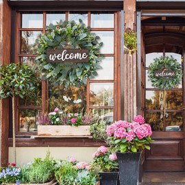 Dremisland Green Eucalyptus Wreath with Welcome Sign 22in Spring Summer Artificial Eucalyptus Wreath for Front Door Polytype Leaves Wreath for Wall Window Festival Farmhouse Patio Garden Decor (Brown)