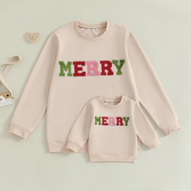 Karuedoo Mommy and Me Outfits Christmas Family Matching Outfits Merry Letter Embroidered Sweatshirt Long Sleeve Shirts Top (Baby, 18-24 Months, Beige)
