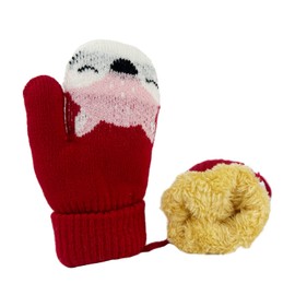Warm Knitted Mittens for Toddlers Cute Cartoon Winter Gloves Full Fnger Mittens with String Hanging Neck for 1-4 Years Kids - red
