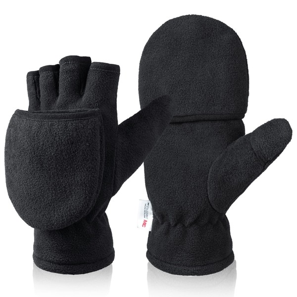 OZERO Gloves, Cold Protection, Men's Mittens, Fingerless, 2-Way Smartphone Compatible,