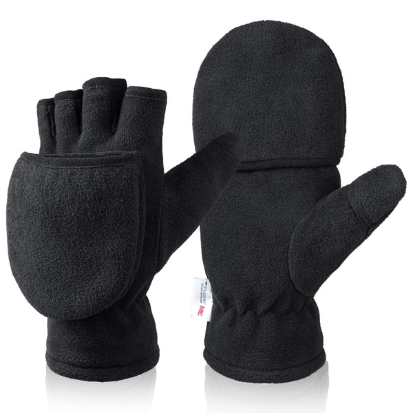 OZERO Gloves, Cold Protection, Men's Mittens, Fingerless, 2-Way Smartphone Compatible, Running, Bicycle, Camping, Photography, Climbing, Winter, Black, S, M, L Size (L, Black)
