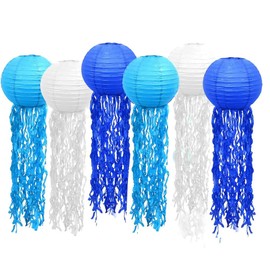 Leadigol Set of 6 Hanging Jellyfish Paper Lanterns, Blue White Paper Lanterns for Ocean Theme Party Under The Sea Birthday Baby Shower Decor