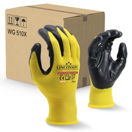 LINCONSON 12 Pack Extreme Grip Lightweight Nitrile Coated Construction & Mechanics Work Gloves (Yellow, XL (12 Pack))
