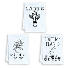 Moonlight Makers Funny Dish Towels, Plant Theme Set of 3, Funny Kitchen Towels, Kitchen Towel, Sweet Housewarming Gift, Farmhouse Kitchen Décor (I Wet My Plants, Talk Dirt To Me, Can't Touch This)
