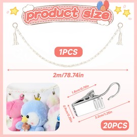 Alovez 200 cm Hanging Stuffed Toy Holder with 20 Metal Clips, Boho Stuffed Toy Organiser Chain for Cuddly Toys, Easy to Organise and Store Plush Toys, Hanging Hats, Holiday Cards