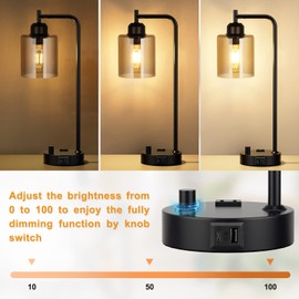 Industrial Small Desk Lamp for Nightstand - Amber Clear Glass Shade Table Lamp with USB C Port, Fully Dimmable Black Bedside Lamp with USB Port and Outlet, Bedroom Lamp for Reading Office