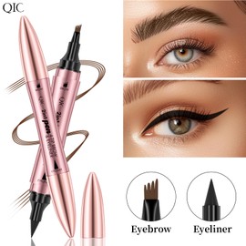 2 in 1 Microblading Eyebrow Pen with Eyeliner Pencil, Waterproof Dual Ended Eye Brow Pencils for Women with 4 ForkTip and Precise Brush Tip, 3D Eyebrow Makeup for Natural Brow (Dark Brown-B)