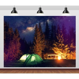 CORFOTO 9x6ft Camping Forest Backdrop Starry Sky Photo Backdrop Camping Photography Background Camping Theme Party Birthday Party Background Outdoor Camping Portrait Photo Booth