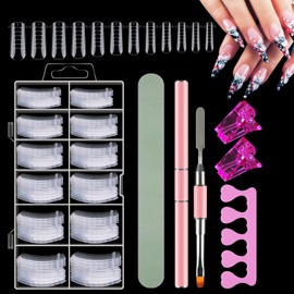 120 Pieces Dual Nail Forms Set, Stencils Nail Extension Nail Shapes with Pink Dual-Ended Nail Brush, Nail Tips Clip, Sponge Finger Separator and Nail File for Polygel Nails Tools