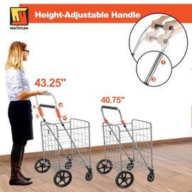 Wellmax Folding Grocery Cart with Wheels – Heavy Duty Utility Cart with Upgraded Steel Frame, Extra Large Basket, Adjustable Padded Handle, Swivel Front Wheels, Foldable Design, 90 lb Capacity