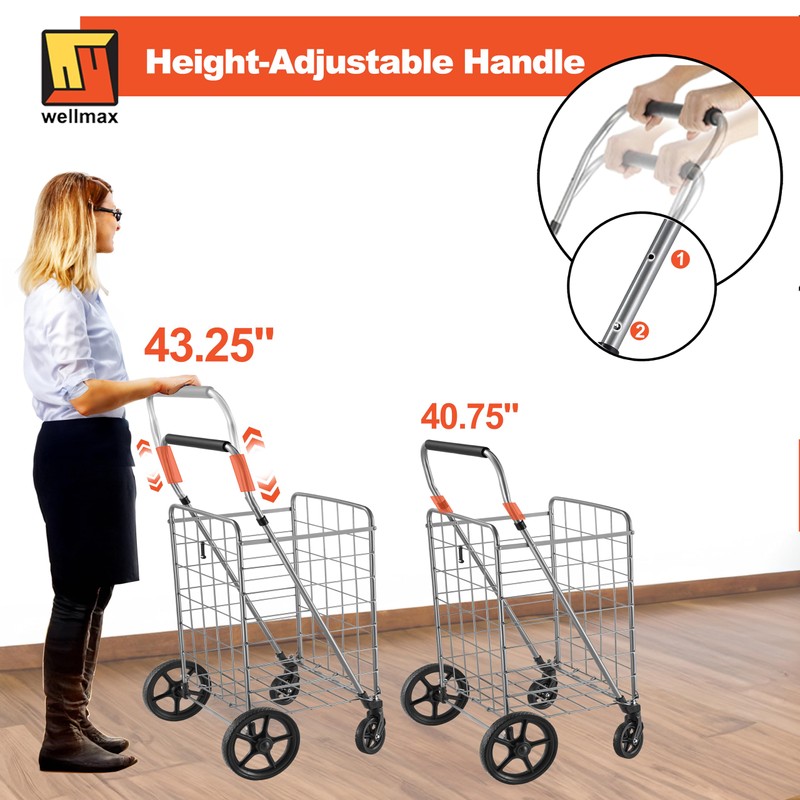 Wellmax Folding Grocery Cart with Wheels – Heavy Duty Utility