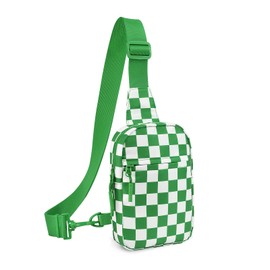 Small Checkered Crossbody Sling Bag Chest Bag Water Resistant Fanny Pack Running Phone Holder for Women Men Workout Travelling Hiking(Green)