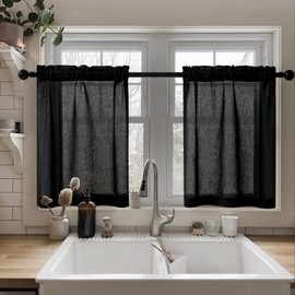 Black Linen Kitchen Window Curtains 2 Panels Rod Pocket Linen Cafe Drapes 24 Inch Length Light Filtering Semi Sheer Modern Black Short Tier Curtains for Small Window Basement Bathroom RV 26Wx24L