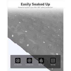 ADOV Corner Shower Mat, 54x54cm Curved Non Slip Anti-Mould Bath Mat, Quadrant Rubber Mat for Inside Shower Bathroom Floor, Machine Washable Sector Shower Mats with Strong Quick Dry Suction Cups- Grey