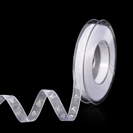 Thin Christmas Ribbon, Polyester Holiday Ribbon Christmas Tree Snowman Reindeer Christmas Ribbons for Gift Crafting Winter Xmas Ribbon for Package Wrapping (White)