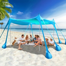 Rhino Valley Beach Tent, 10 x 10 FT Beach Shade UPF50+ Protection, BeachCanopy with 8 Sandbags 4 Stability Poles, Outdoor BeachTent Sun Shelter Umbrella for Sand, Camping, Fishing, Sky&Light Blue