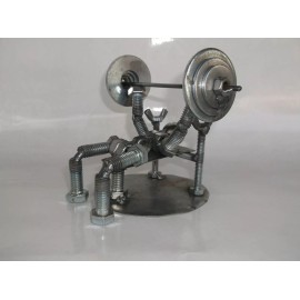Handmade Bench Press Weight Lifter,  Metal Bolt Figurine, Miniature Athlete, body builder