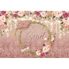 Renaiss 5x3ft Grad Backdrop Banner for Photoshoot Girls Women Portrait Pink Gold Glitter Graduation Cap Photography Background for Live Video Party Decor Rose Garland Flower Sparkle Photo Booth Prop