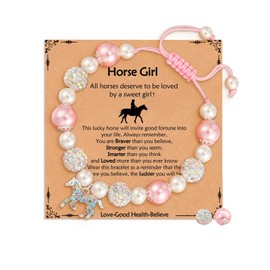 LynixTrade Horse Bracelet Gifts for Girls Adjustable White Pink Pearl CZ Balls Horse Charms Bracelet Horses Lover Girls Bracelet Kawaii Christmas Birthday Jewelry