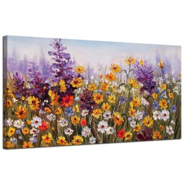 Ardemy Canvas Wall Art Daisy Colorful Bloosom Flowers Artwork Painting Prints Modern Landscape, Purple Floral Picture Framed for Living Room Bedroom Kitchen Dinning Room Office Home Decor- 40"x20"