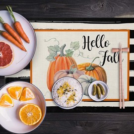 BIPASION Fall Placemats, Thanksgiving Placemats for Dining Table Set of 6, Autumn Washable Table Place Mats, Stripes Pumpkin Kitchen Table Mats for Indoors & Outdoors Holiday Decor