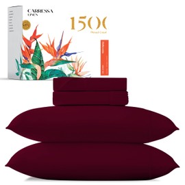 Carressa Linen 100% Egyptian Cotton Sheets California King Size - 1500 Thread Count 4 PC Cal King Sheets Egyptian Cotton, Cooling Sateen Sheets, High Thread Count Sheets California King - Burgundy