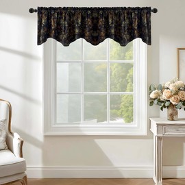 StangH Black Velvet Floral Scalloped Valance for Living Room, Luxury Printed Tier Curtain with Rod Pocket Light Blocking Farmhouse Window Treatment for Kitchen Office,W52 x L18, 1 Panel