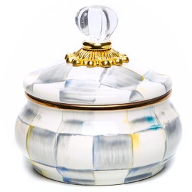 MACKENZIE-CHILDS Enamel Squashed Pot, Cute Enameled Container with Lid, 20 Ounces, Gray-and-White Sterling Check
