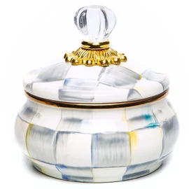 MACKENZIE-CHILDS Enamel Squashed Pot, Cute Enameled Container with Lid, 20 Ounces, Gray-and-White Sterling Check